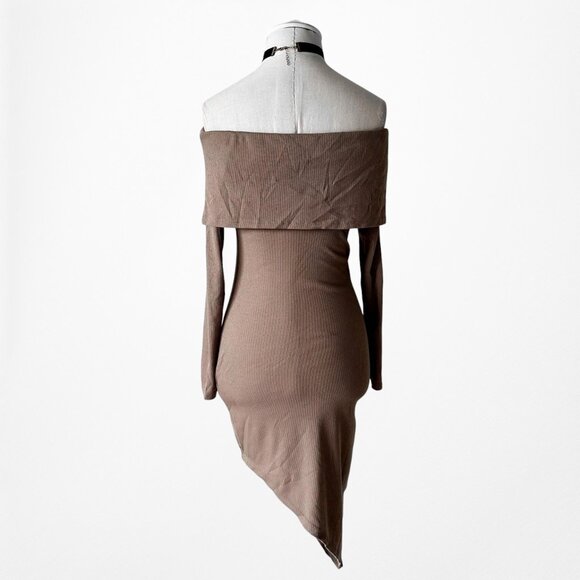 Fashion Nova Brown RIbbed Knit Off The Shoulder Asymmetric Bodycon Dress Size M - Picture 7 of 8